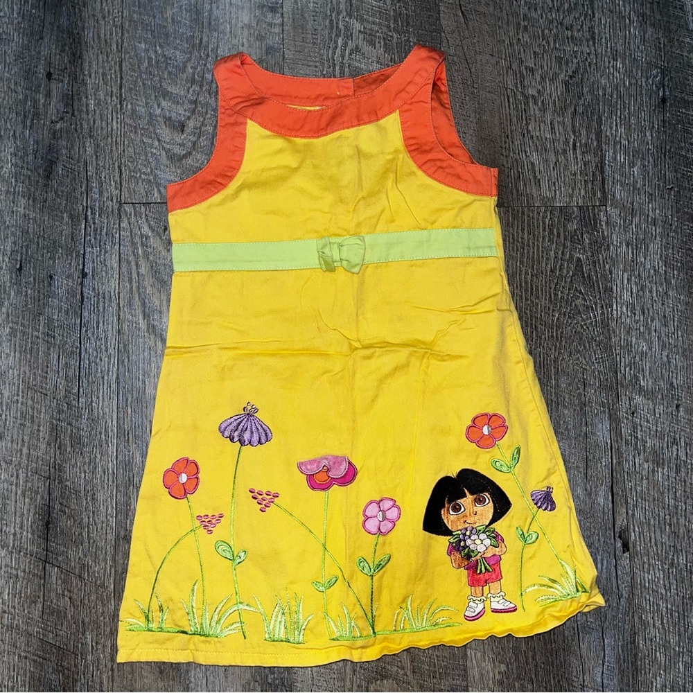 Vintage Y2K Dora The Explorer Yellow Flowers Embroidered Dress 2004 Nick Jr